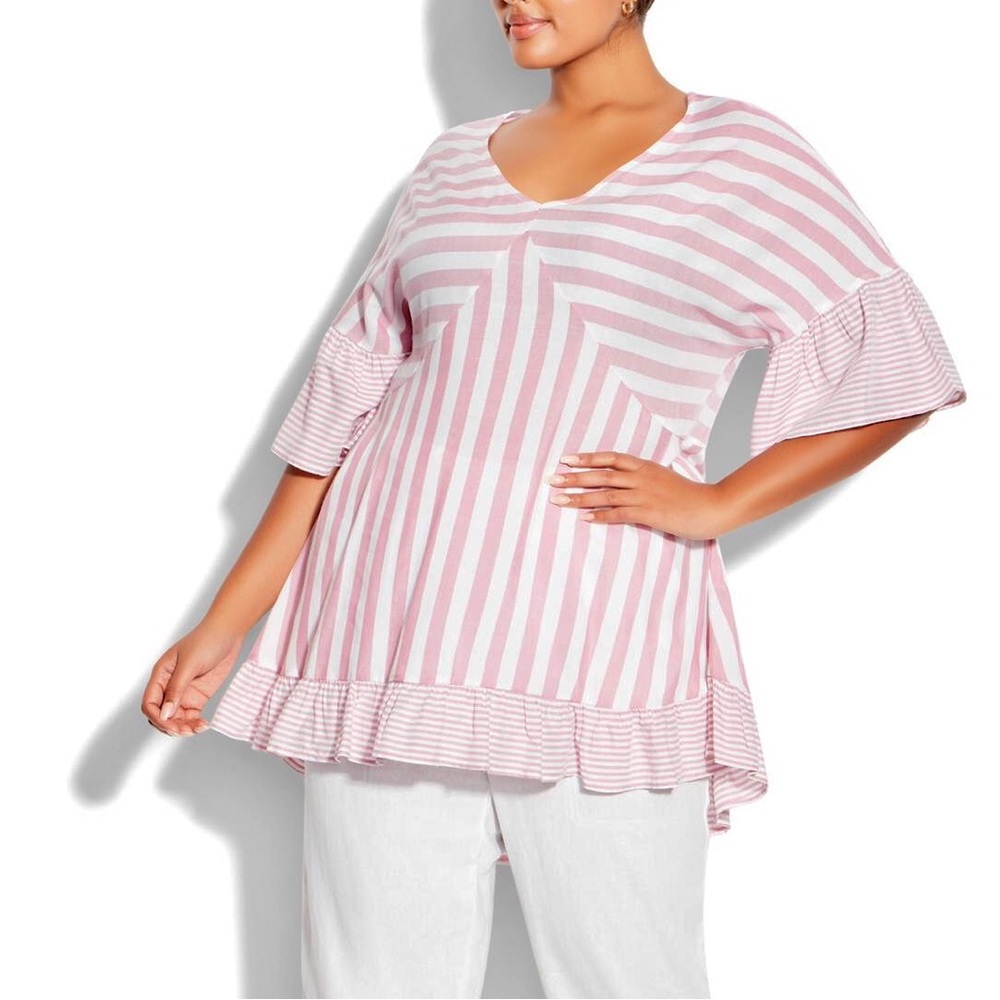 Avenue Evans Pink And White Stripe Hattie Ruffle Frill Hem Top Size 18